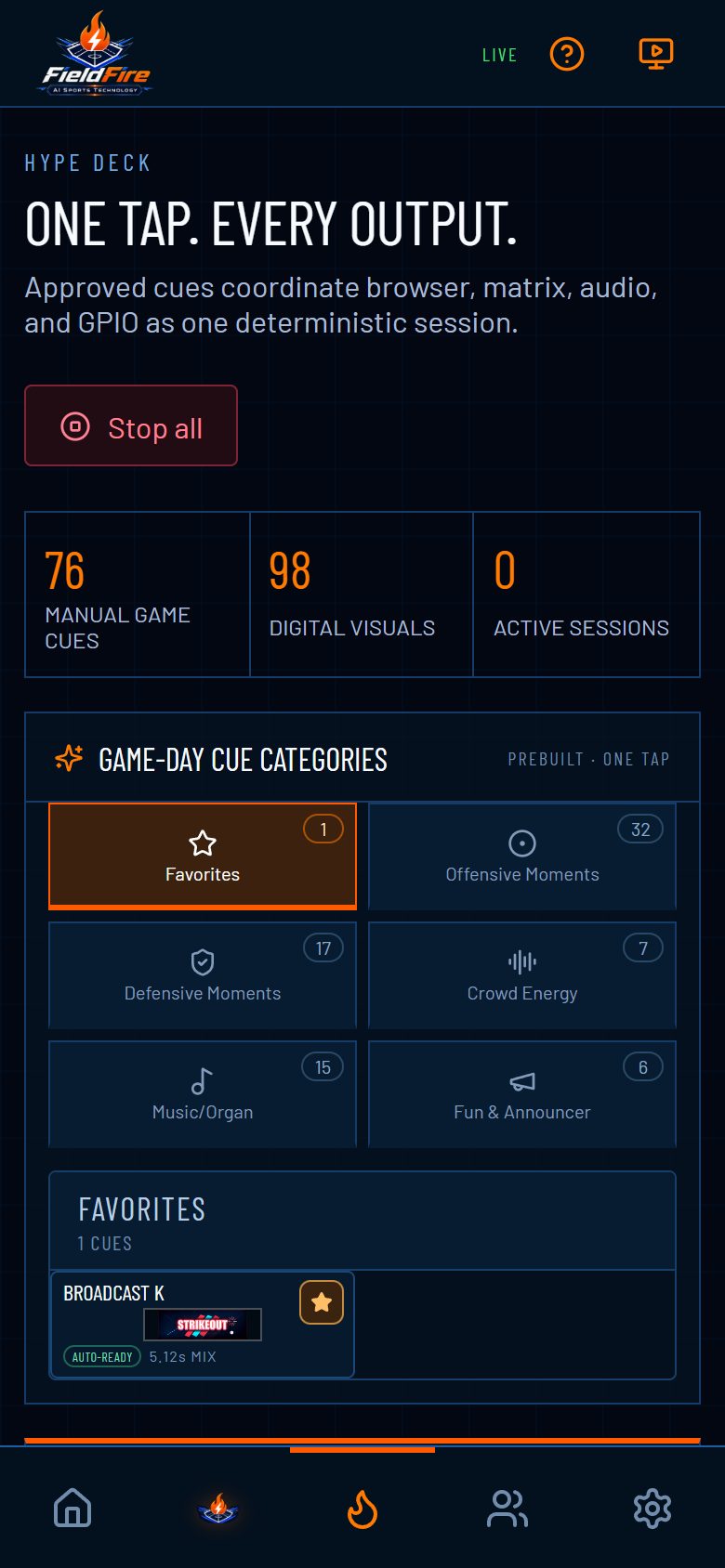 Current FieldFire Hype Deck showing one-tap cue categories