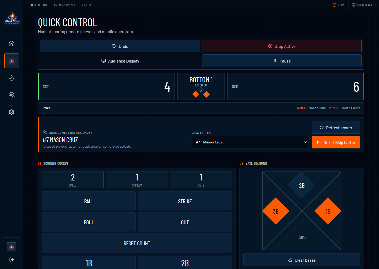Current FieldFire Quick Control screen showing the Neon Comets batting order and live game controls